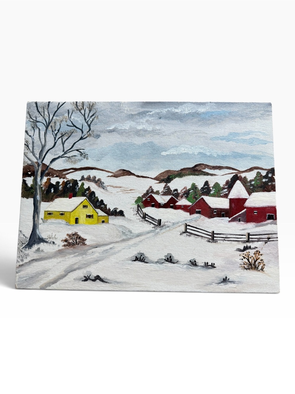 Vintage Charming, Authentic Mid-Century Folk Art Winter Scene